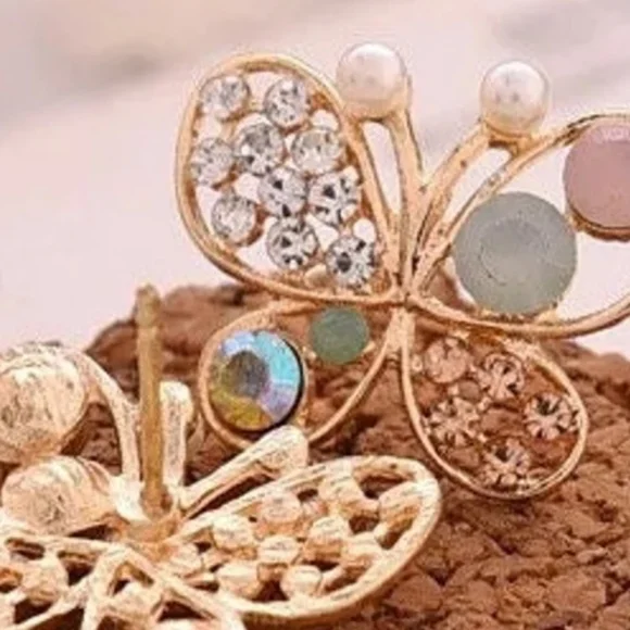 Multicolor crystal Butterfly Stud Earrings goldtone - Picture 2 of 9